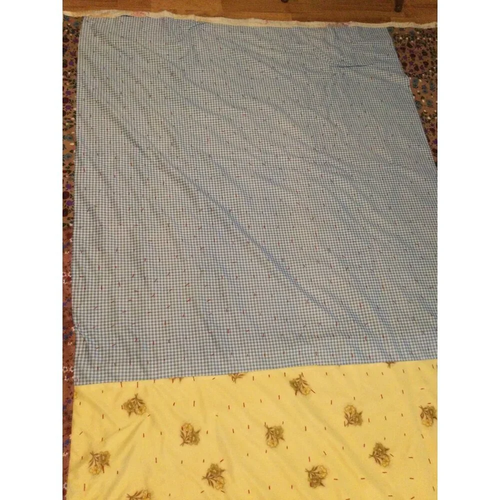 Vintage handmade Quilt Large Blocks floral gingham 82 x 105 blanket